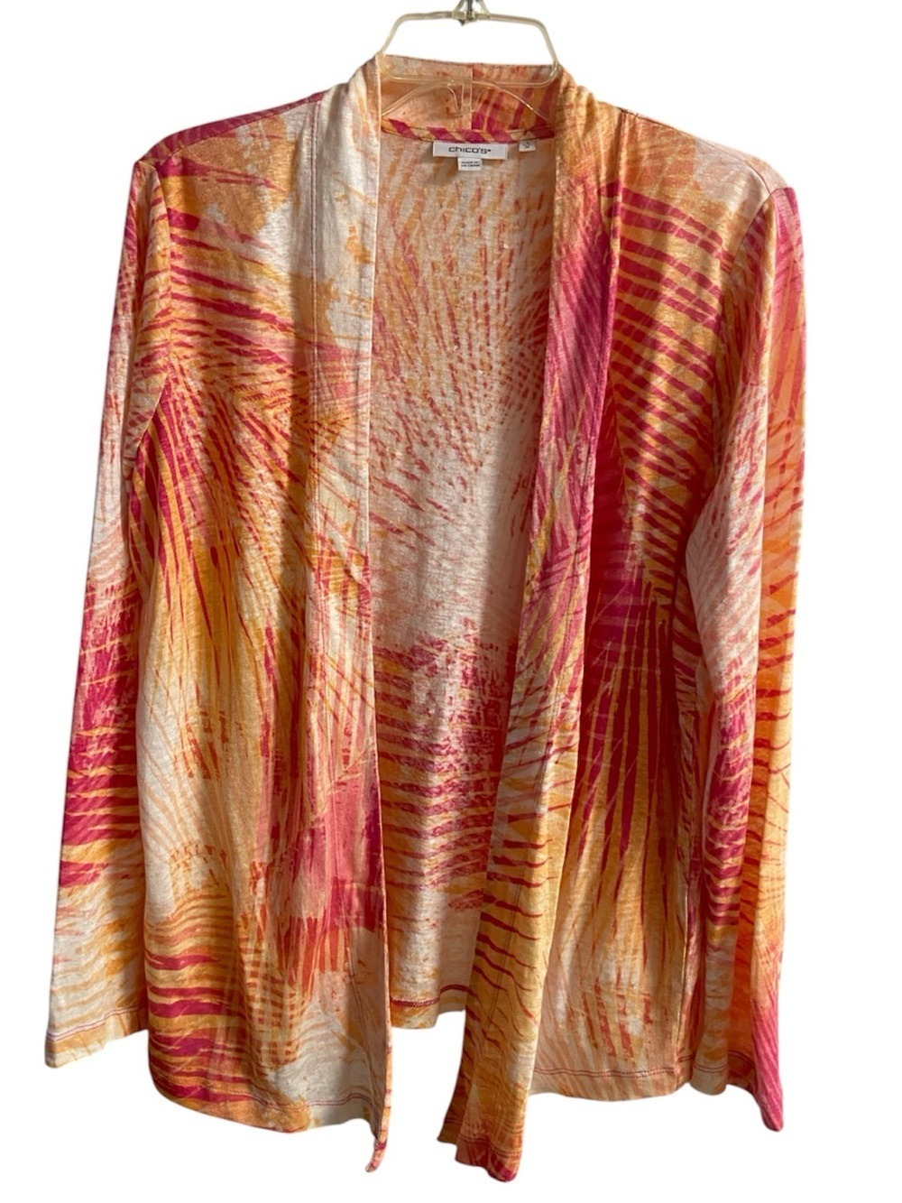 Chico's Open-Front Cardigan in Pink, Orange, Cream 100% Linen Medium